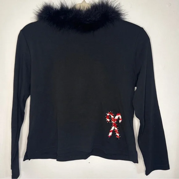 Jack B Quick M Christmas Holiday Sweater Candy Canes Beading Black, Red, White - Picture 7 of 7
